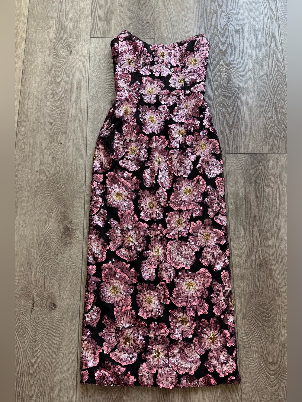 helsi rachael pink & black 3d all over floral sequin strapless maxi dress XS NEW